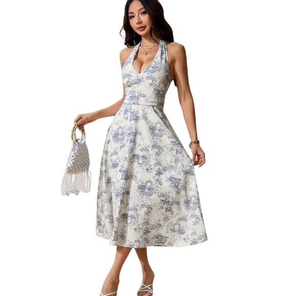 French Porcelain Print VTG Style Blue White Toile De Jouy Halter Dress Sz L - Picture 2 of 10